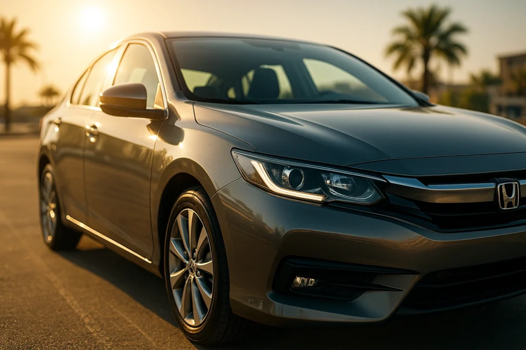 Carro moderno com lataria metálica reluzente sob o sol de verão, estacionado em ambiente urbano com palmeiras ao fundo, representando os cuidados com a lataria durante o calor.