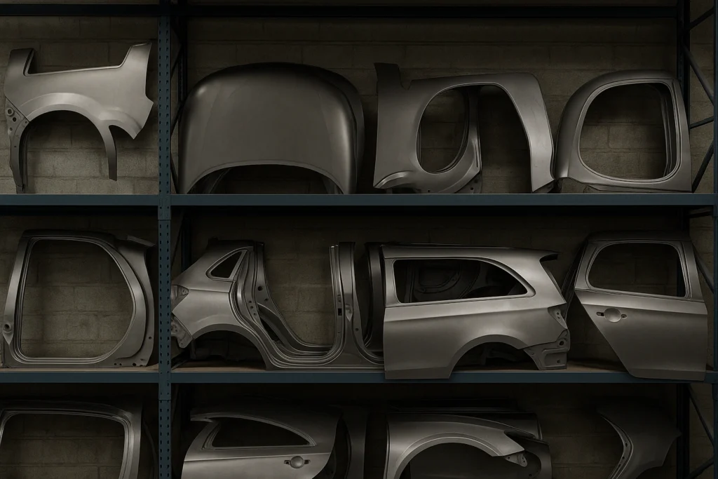 Prateleiras metálicas organizadas com peças de lataria automotiva, como portas, laterais e para-lamas, em ambiente de oficina limpo e bem iluminado.