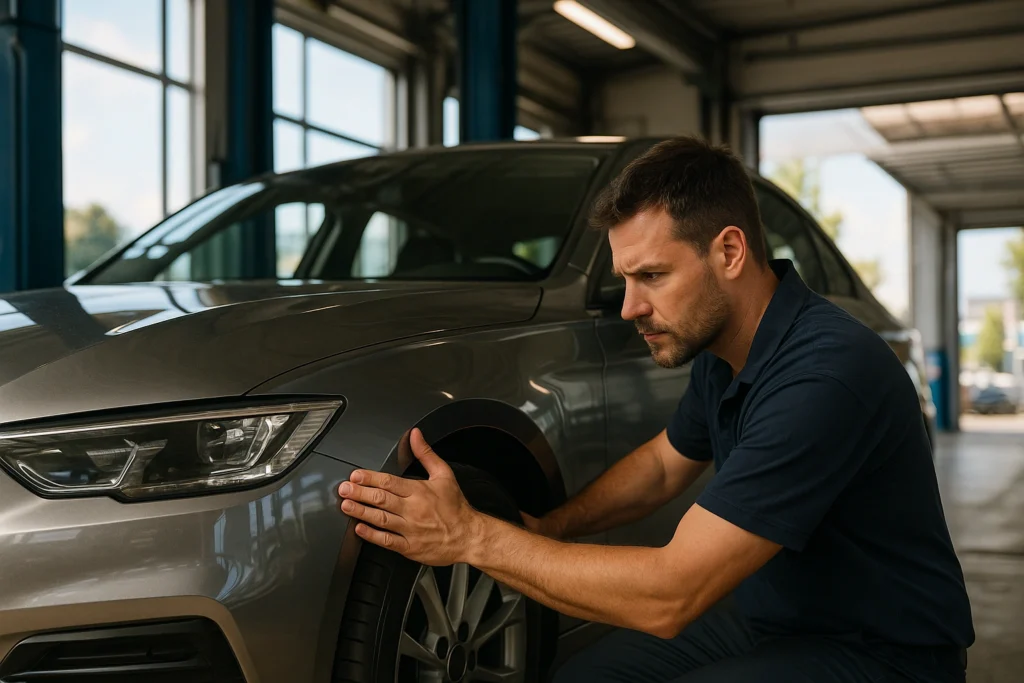 Mecânico inspecionando a lataria de um carro moderno dentro de uma oficina iluminada pela luz natural do verão, representando cuidados com lataria e manutenção estrutural.