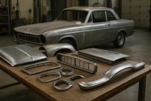 Conjunto de peças de lataria metálicas para carros antigos dispostas sobre uma mesa em oficina, com veículo clássico em processo de restauração ao fundo.