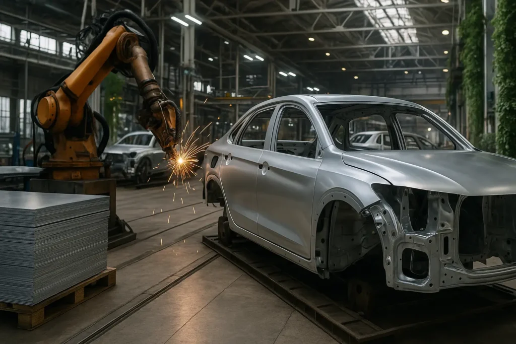 Linha de produção automotiva sustentável com robô soldador trabalhando na carroceria metálica, destacando eficiência, tecnologia e redução de impacto ambiental.