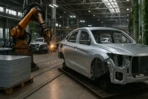 Linha de produção automotiva sustentável com robô soldador trabalhando na carroceria metálica, destacando eficiência, tecnologia e redução de impacto ambiental.