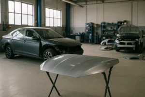 Imagem realista de uma oficina automotiva, com capô de carro apoiado em suporte, veículos desmontados ao fundo e ambiente industrial iluminado.