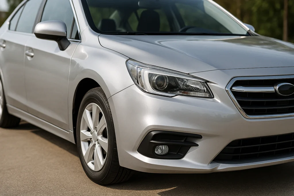 Detalhe de carro prata com foco na lataria frontal impecável, destacando farol, para-lama e acabamento automotivo em perfeito estado.