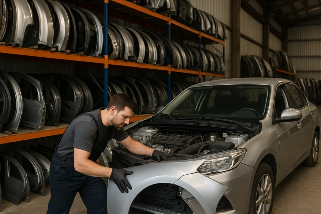 Mecânico instalando um para-lama novo em um carro prateado dentro de uma oficina automotiva organizada, com prateleiras cheias de portas e peças de lataria ao fundo.