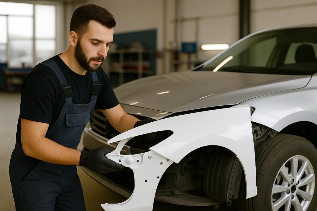 Profissional ajustando a peça de lataria de um carro antes da pintura, garantindo o alinhamento perfeito para um acabamento de alta qualidade.