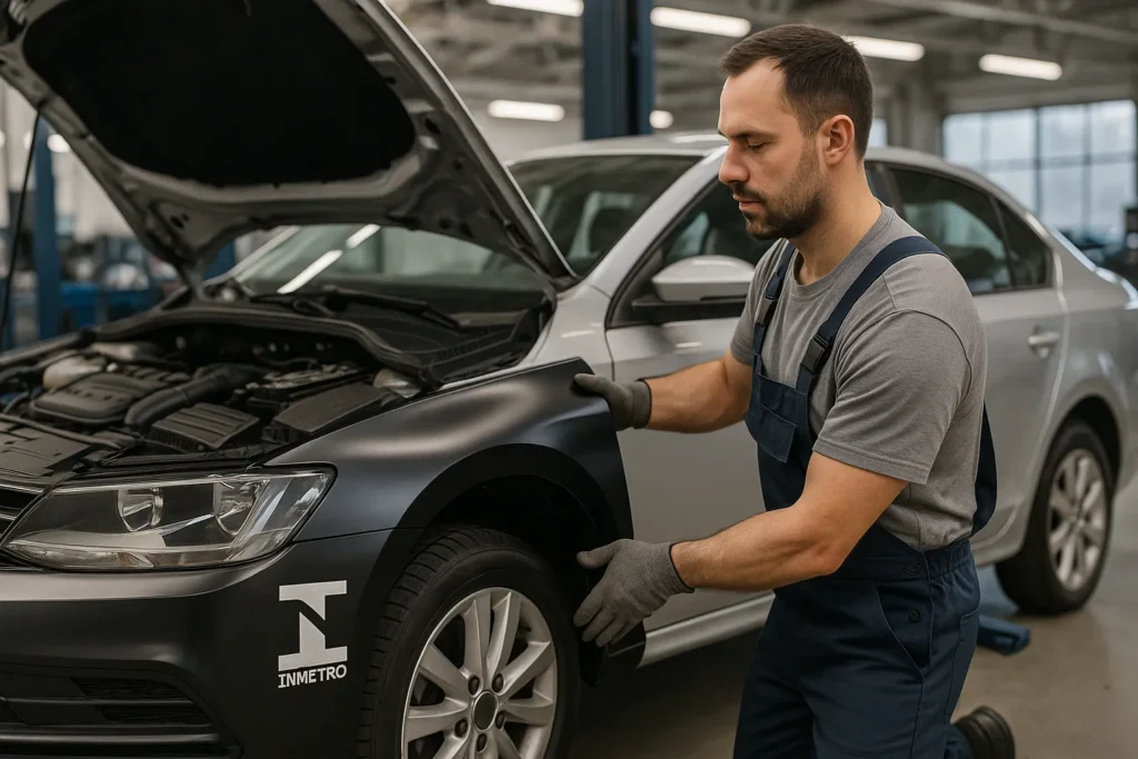 Mecânico instalando um para-lama certificado pelo Inmetro em um carro dentro de uma oficina automotiva, com o capô aberto e foco na qualidade da peça de lataria.
