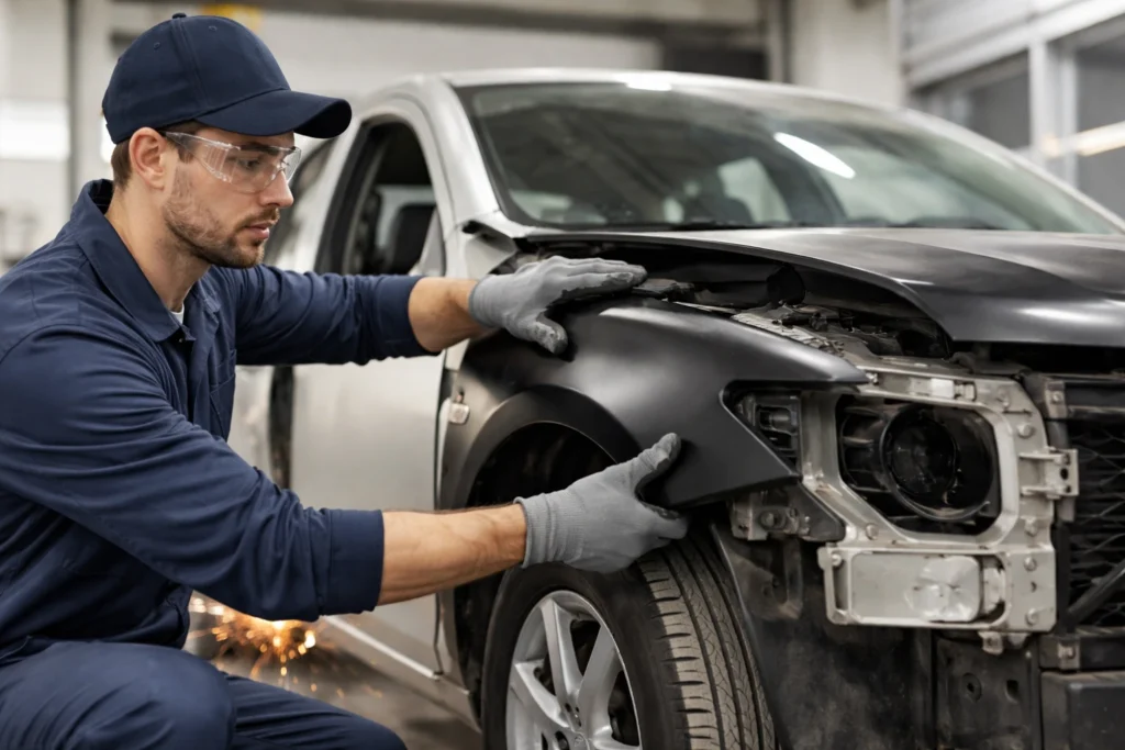 Mecânico realizando a substituição de peça de lataria automotiva em carro, utilizando equipamentos de segurança em oficina especializada