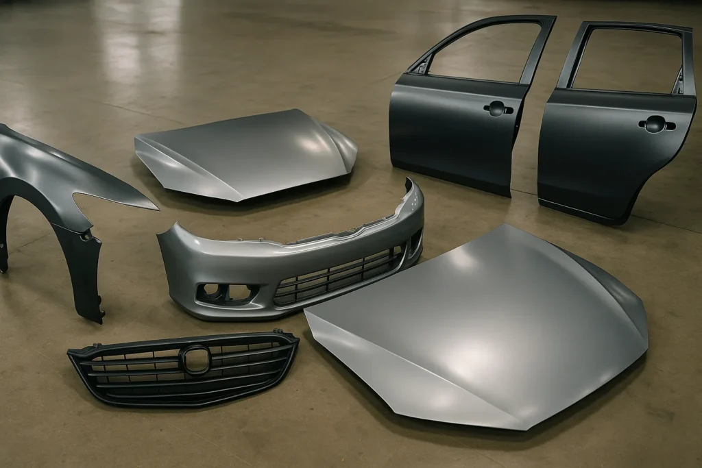 Peças de lataria automotiva novas — como para-choque, capô, portas, grade frontal e paralama — organizadas em um chão de oficina, destacando a qualidade e acabamento usados no pós-venda automotivo.