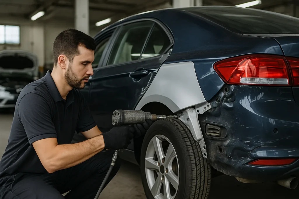 Profissional de funilaria realizando a substituição correta de uma peça de lataria em um carro danificado dentro de uma oficina automotiva, garantindo reparo seguro e evitando futuros prejuízos.