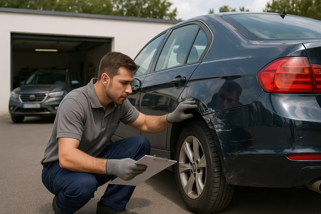 Mecânico inspecionando a lataria traseira de um carro antes de uma viagem longa, verificando possíveis danos e garantindo segurança e conservação do veículo.