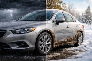 Veículo exposto a diferentes condições climáticas, como chuva intensa e neve com sal, mostrando como o clima pode afetar a durabilidade da lataria automotiva ao longo do tempo.