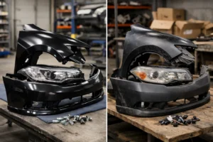 Comparação visual entre peças de lataria automotiva de alta qualidade e peças de menor qualidade, destacando diferenças de acabamento, material e conservação em ambiente de oficina mecânica.