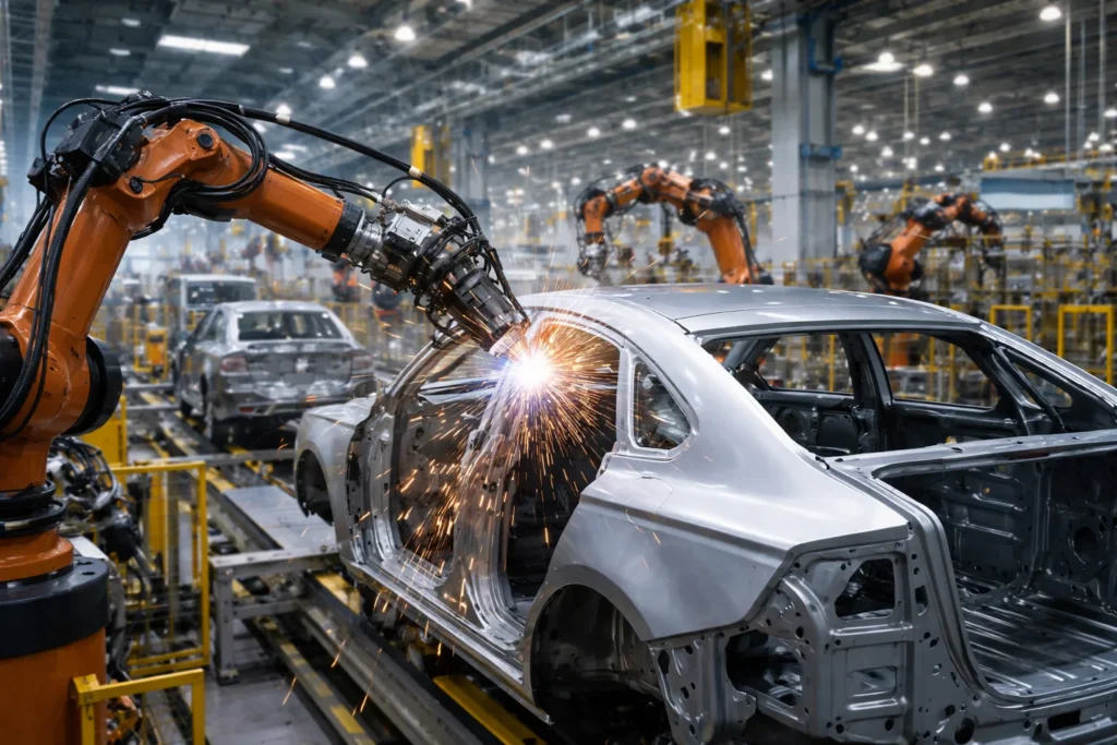 Robôs industriais automatizados soldando peças de lataria automotiva em linha de produção moderna, representando a influência da tecnologia na fabricação de peças de lataria.