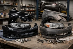 Peças de lataria automotiva novas e usadas lado a lado em uma oficina mecânica, ilustrando mitos e verdades sobre qualidade, durabilidade e diferenças entre peças originais e alternativas.