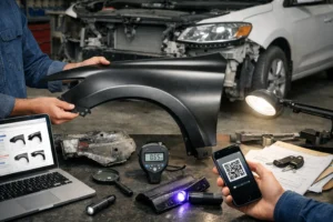 Inspeção de peça de lataria automotiva em oficina mecânica, com verificação de autenticidade para evitar fraudes na compra de componentes veiculares.