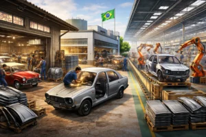 Evolução da indústria de peças de lataria no Brasil mostrando oficina antiga com trabalho manual, fábrica intermediária e linha moderna com robôs automatizados montando carrocerias.