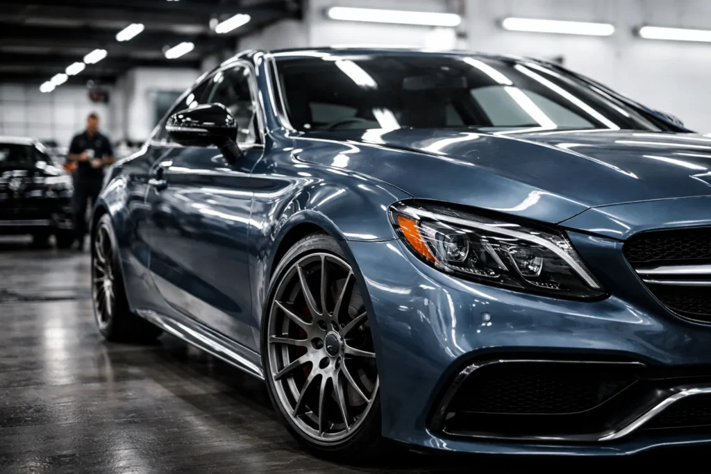 Carro de luxo azul metálico em ambiente de oficina premium, destacando acabamento impecável da lataria, pintura brilhante e linhas sofisticadas da carroceria.