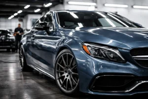 Carro de luxo azul metálico em ambiente de oficina premium, destacando acabamento impecável da lataria, pintura brilhante e linhas sofisticadas da carroceria.