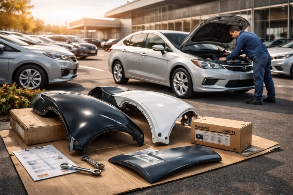 Peças de lataria automotiva originais posicionadas ao lado de um carro seminovo em concessionária, destacando como componentes genuínos ajudam a valorizar o veículo.