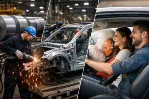 Vantagens do uso de aço de alta resistência na lataria automotiva mostrando estrutura de carro, processo industrial e segurança dos ocupantes