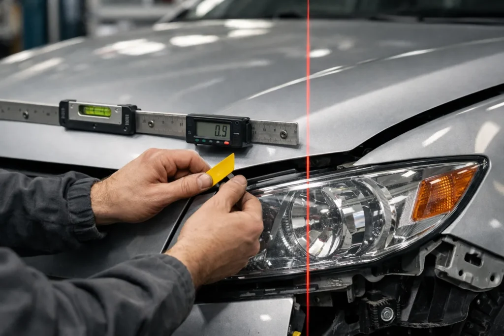 Alinhamento de peças de lataria automotiva com medição precisa entre capô, farol e para-lama em oficina especializada