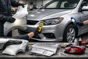 Identificação de peças de lataria automotiva em oficina, com mecânicos analisando alinhamento e encaixe de painéis de carro.