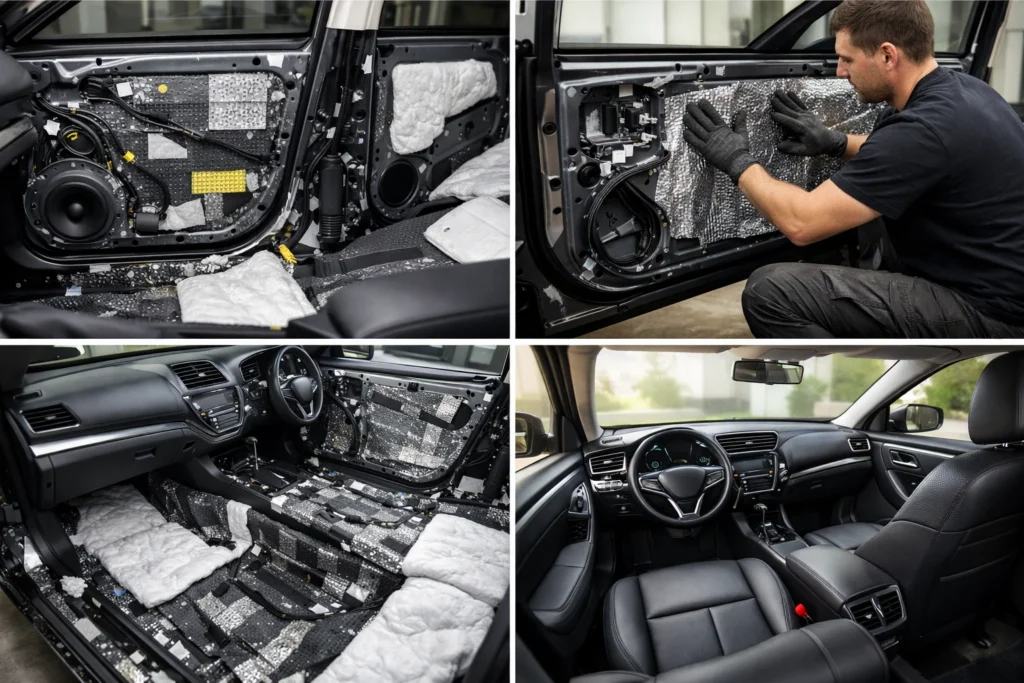 Isolamento acústico em portas e assoalho de carro com aplicação de mantas, mostrando como peças de lataria ajudam a reduzir o ruído interno do veículo