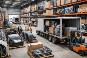 Centro logístico de distribuidora de peças de lataria automotiva com prateleiras altas, capôs e para-choques organizados em pallets, empilhadeira carregando caminhão e equipe trabalhando na separação e expedição de peças.