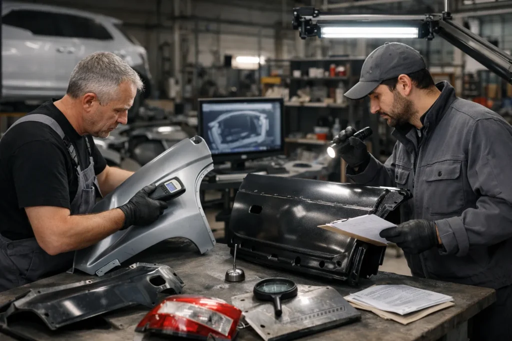 Oficiais de funilaria analisando peças de lataria automotiva em bancada, avaliando qualidade, encaixe e procedência em oficina especializada.
