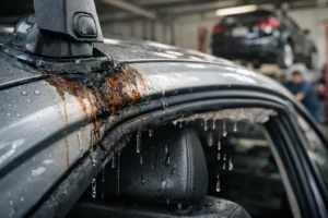 Lataria automotiva danificada por instalação mal feita, com infiltração de água, ferrugem e vedação comprometida em carro dentro de oficina mecânica