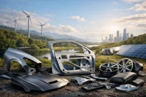 Peças de lataria automotiva sustentáveis expostas em ambiente natural com energia renovável, representando o futuro ecológico da indústria automotiva