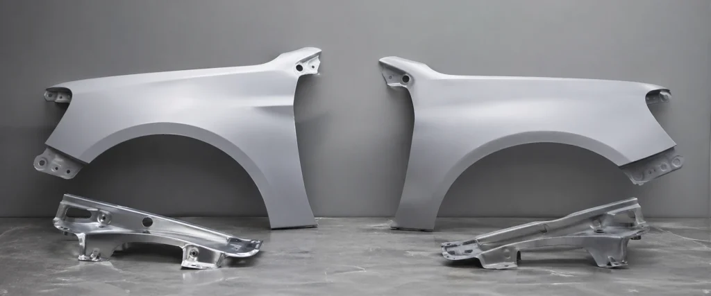 Peças de lataria automotiva lado a lado em ambiente industrial, comparando qualidade e acabamento entre peças originais de montadora e peças OEM, com destaque para encaixe e estrutura metálica.