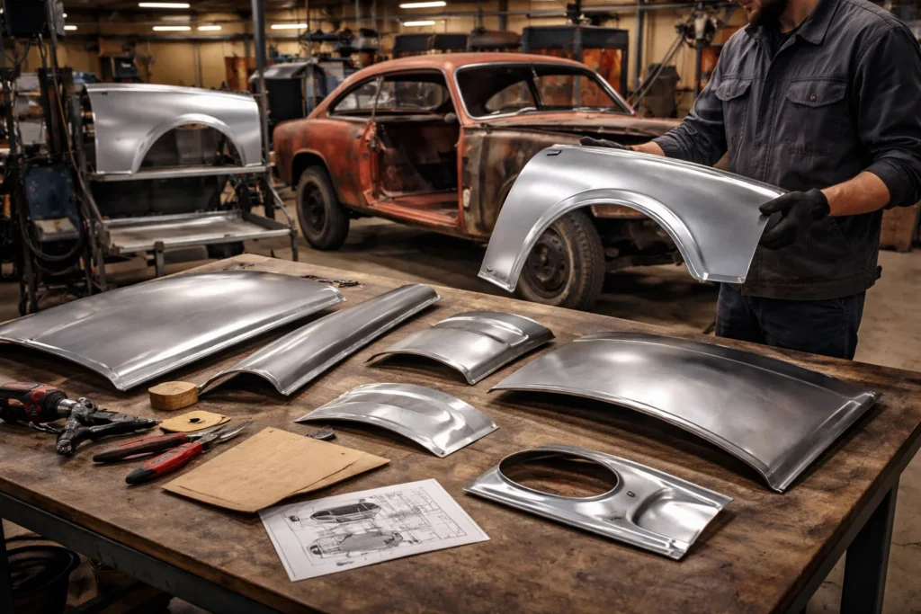 Peças de lataria automotiva sendo selecionadas em oficina de restauração, com carro antigo ao fundo e componentes metálicos organizados sobre bancada para avaliação e encaixe perfeito