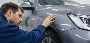 Inspeção detalhada da lataria automotiva em carro prata dentro de oficina, com profissional avaliando alinhamento, acabamento e qualidade da peça.