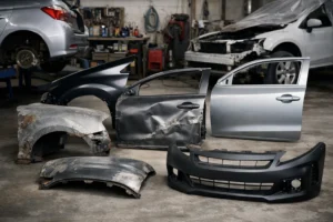 Peças de lataria automotiva danificadas e novas lado a lado em oficina, destacando quando optar pela substituição para garantir segurança e alinhamento do veículo