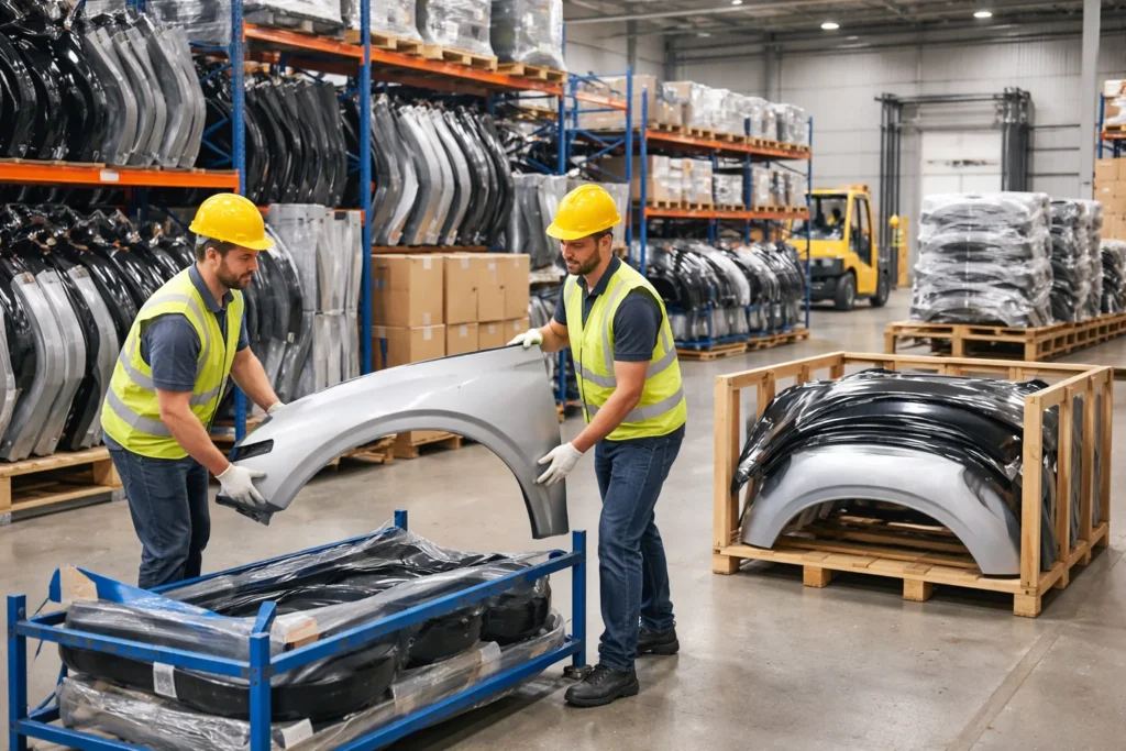 Transporte e armazenamento seguro de peças de lataria automotiva em estoque organizado com proteção adequada e manuseio cuidadoso