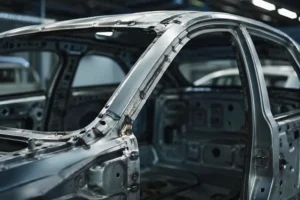 Estrutura de carro em metal exposta com pontos de soldagem visíveis em ambiente industrial, destacando a importância da solda na durabilidade da lataria automotiva.