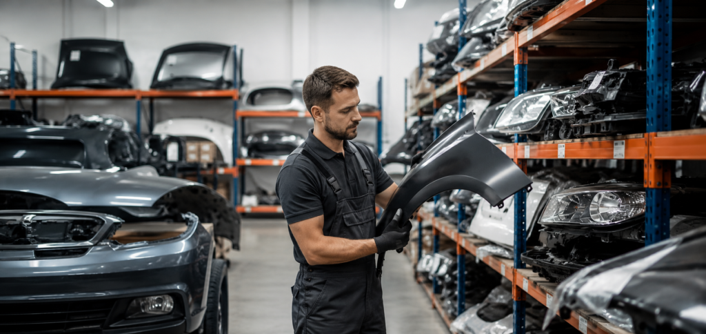 Profissional avaliando peças de lataria automotiva em uma distribuidora organizada, com prateleiras repletas de faróis, para-choques e painéis automotivos em ambiente industrial moderno.