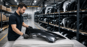Profissional inspecionando peça de lataria automotiva em distribuidora organizada, destacando qualidade, estoque amplo e confiabilidade no mercado de autopeças.