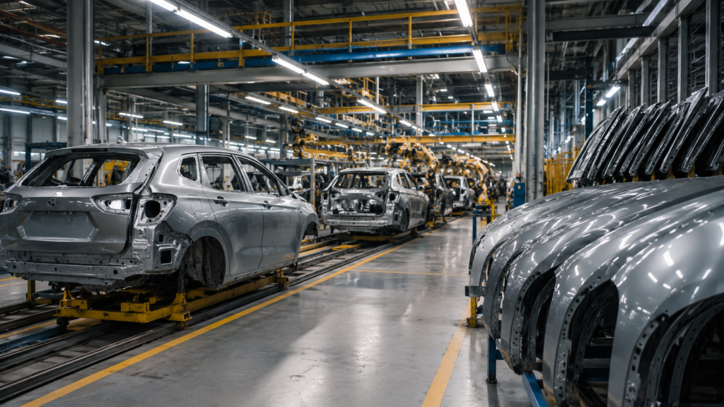Linha de produção automotiva com carrocerias e peças de lataria em fábrica moderna, representando tendências, desafios e investimentos no mercado automotivo brasileiro em 2026.