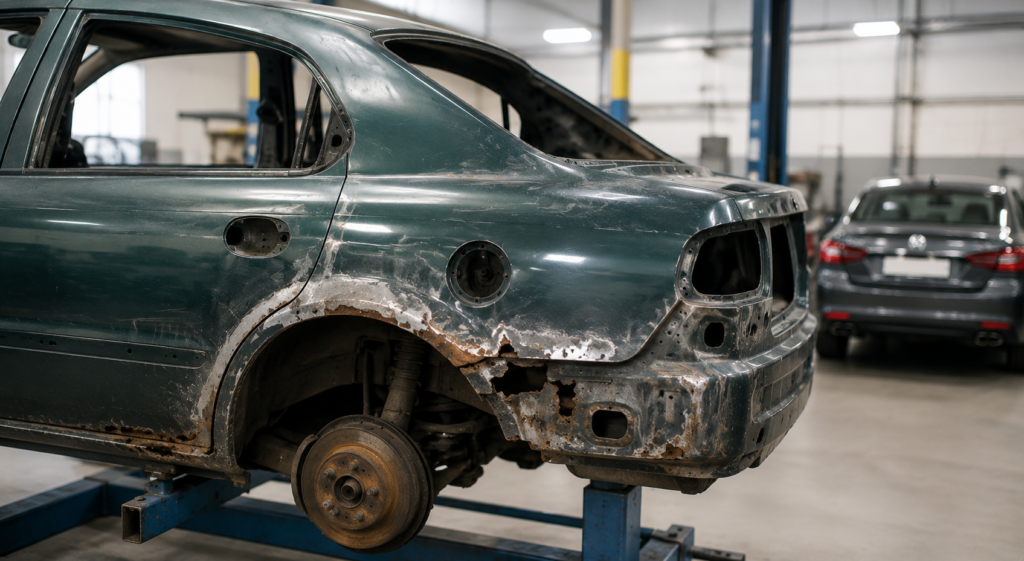 Carro com lataria desgastada e pontos de ferrugem em oficina automotiva, representando os riscos e dúvidas na compra de peças usadas para veículos.