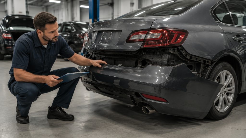 Mecânico inspecionando parachoque traseiro desalinhado em oficina automotiva, representando recalls de peças de lataria e a importância da segurança veicular.