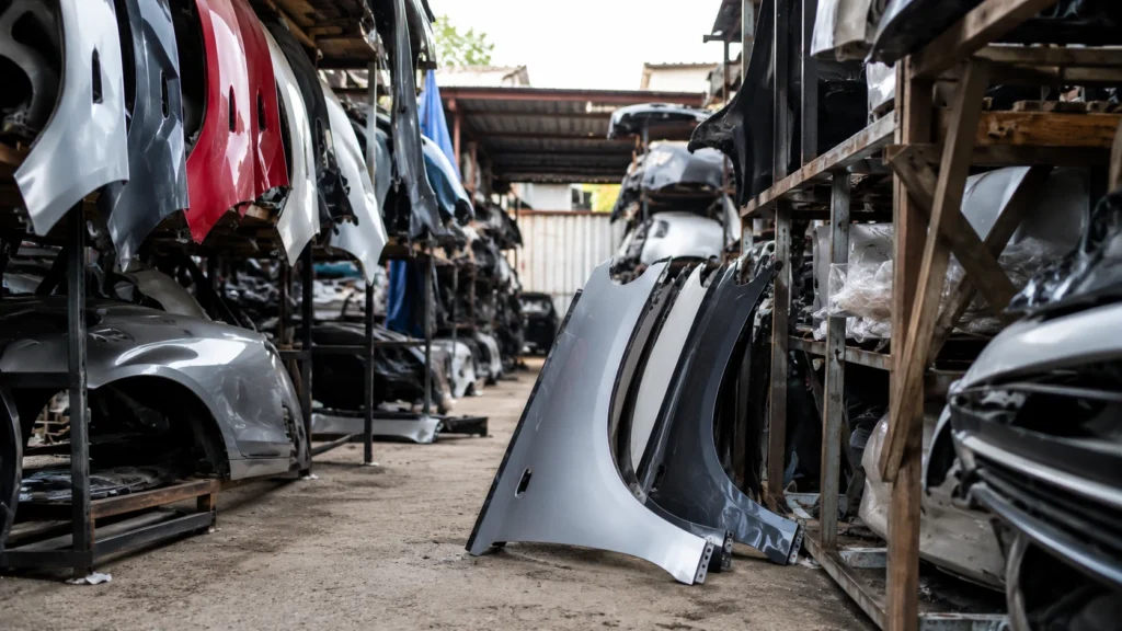 Imagem realista de galpão com peças de lataria automotiva empilhadas, incluindo para-lamas, capôs e para-choques usados no mercado paralelo de autopeças no Brasil.