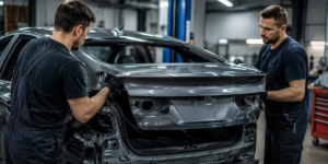 Profissionais instalando tampa traseira de carro em oficina automotiva, destacando a importância da lataria de qualidade para a segurança estrutural, proteção dos ocupantes e durabilidade do veículo.