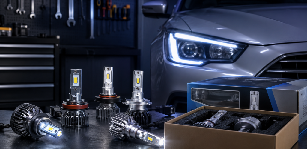 Faróis LED automotivos de alta qualidade expostos em oficina especializada, com veículo ao fundo e iluminação moderna, destacando tecnologia, eficiência energética, durabilidade e segurança para condução noturna.