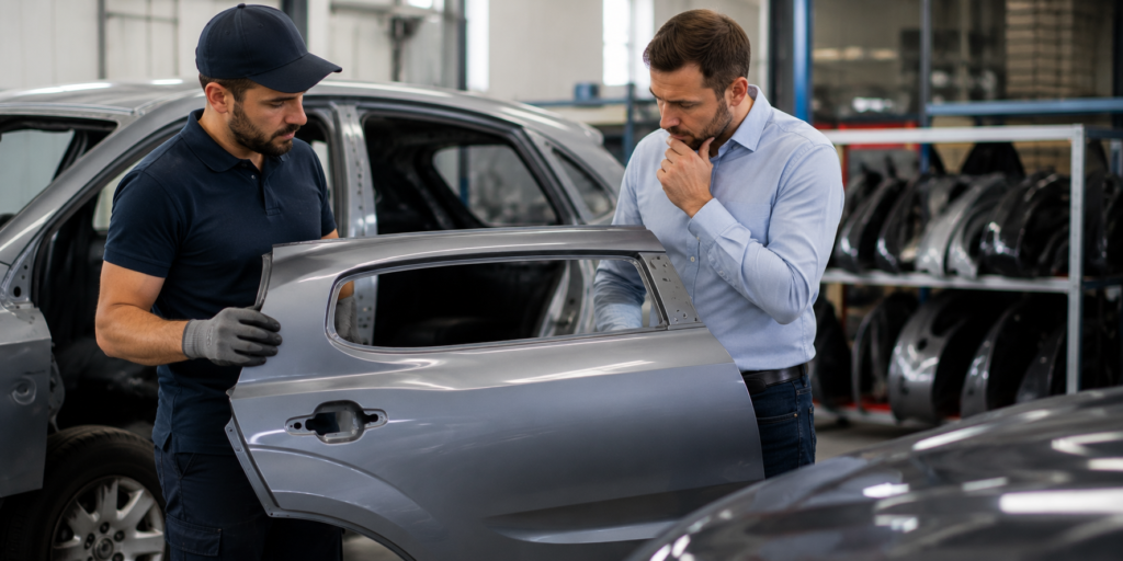 Profissionais avaliando lateral de carro em oficina automotiva especializada, analisando qualidade, acabamento e compatibilidade da peça para garantir segurança, durabilidade e um reparo automotivo confiável.