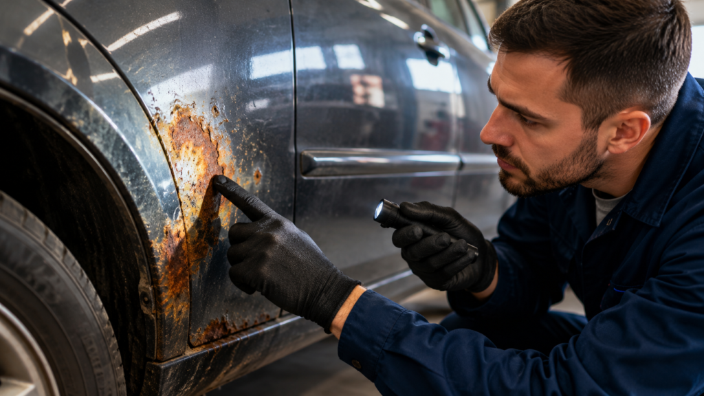 Profissional inspecionando pontos de ferrugem na lateral de um carro durante avaliação de lataria, identificando sinais de corrosão antes que avancem e comprometam a estrutura e a pintura do veículo.