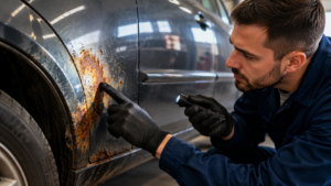 Profissional inspecionando pontos de ferrugem na lateral de um carro durante avaliação de lataria, identificando sinais de corrosão antes que avancem e comprometam a estrutura e a pintura do veículo.