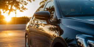 Carro estacionado sob forte incidência solar durante o pôr do sol, destacando a importância dos cuidados com a lataria e a pintura automotiva para evitar desgaste, desbotamento e perda de valor do veículo.